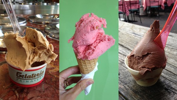 From left: Spring Street Grocer's espresso ice-cream, 7 Apples' strawberry gelato and Helados Juaja's cacao ice-cream.