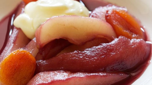 clove-poached pears and apricots with creamy custard.