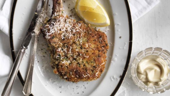 Satisfying crunch: Crumbed veal cutlet with lemon aioli.