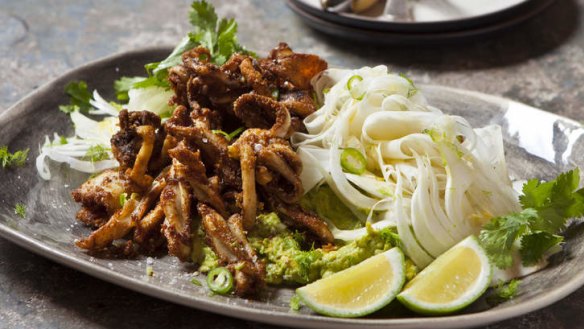 Spiced calamari with fennel and smashed avocado.