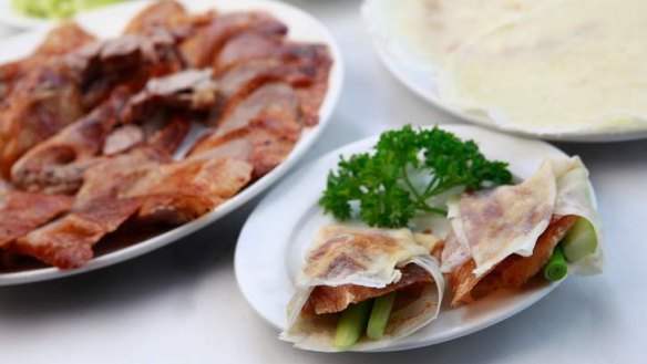 Crispy golden, crisp-skinned Peking duck.