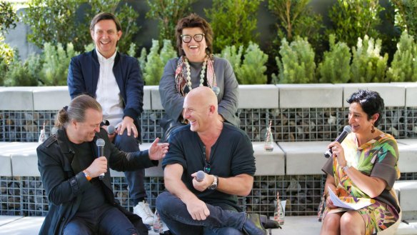 Clockwise from front left: Neil Perry, Andrew McConnell, CEO of Food and Wine Victoria Anthea Loucas Bosha and Matt Moran discussing food trends. 