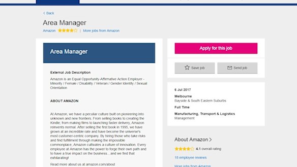 Amazon's ad for its Area Manager on Seek.