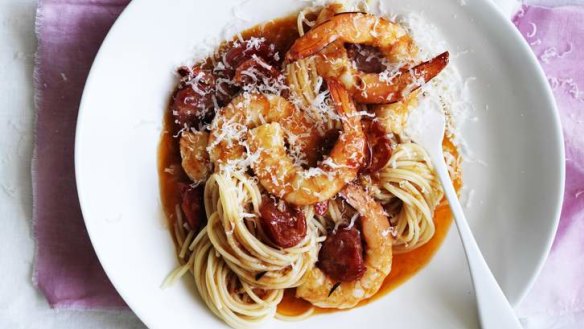 King prawn spaghetti with prawn oil.