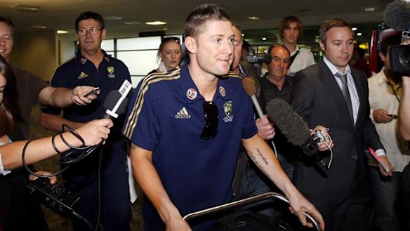Media scrum ... Michael Clarke arrives in Wellington.