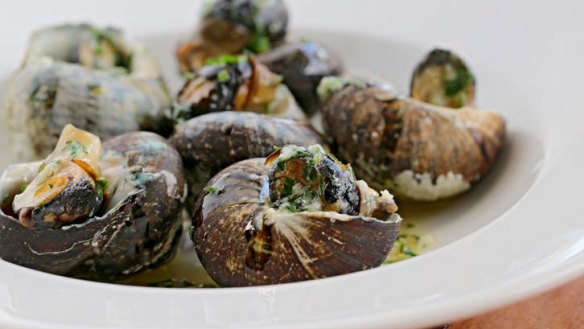 Slow-cooked periwinkles with garlic butter.