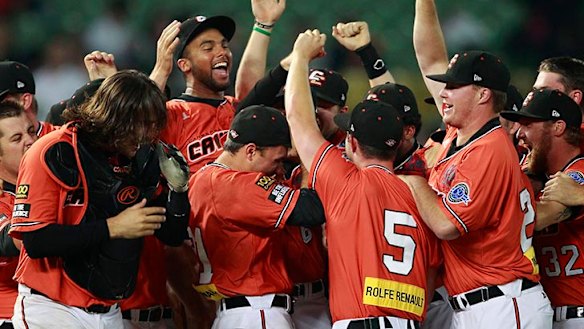 Australia's Canberra Cavalry players celebrate after defeating Taiwan's Uni-President 7-Eleven Lions 14-4 during their Asia Series 2013 baseball game final.