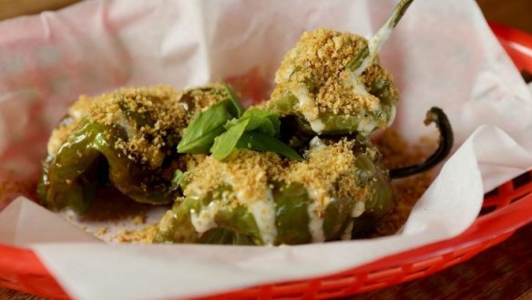 Padron peppers with anchovy and basil crumb.