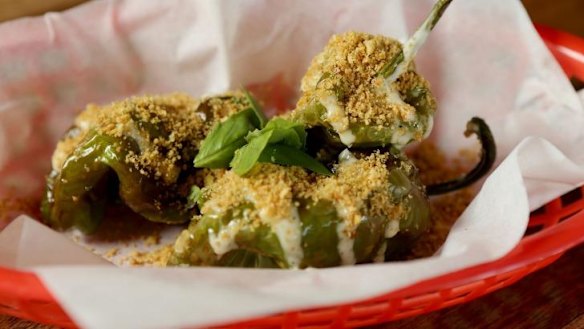 Padron peppers with anchovy and basil crumb.