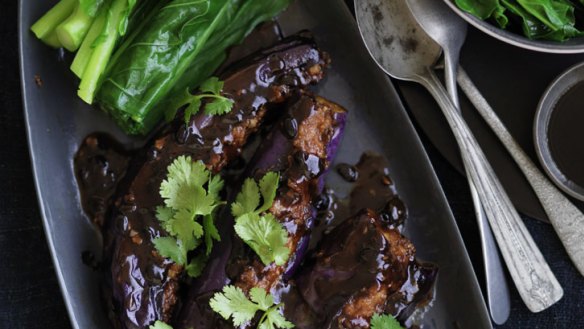 Stuffed eggplant with black bean sauce. You can add chilli if you want to spice things up.