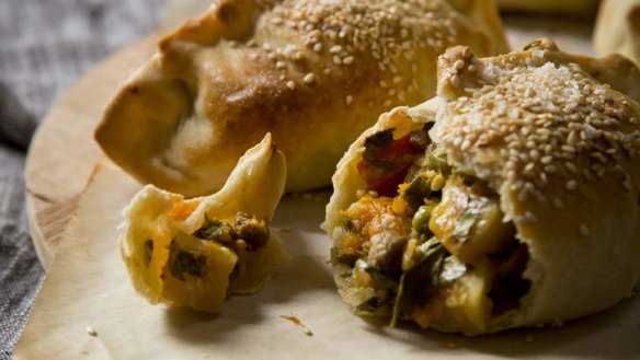 Lamb, vegetable and cheddar pasties with olive oil pastry.