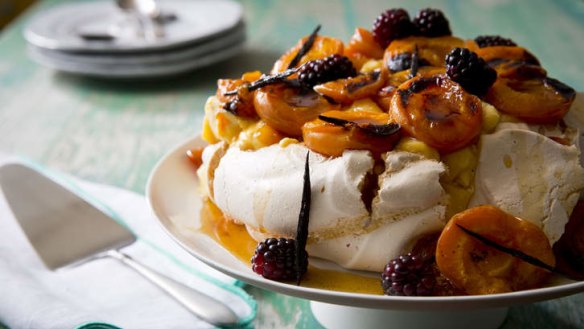 Pavlova with roasted apricots, vanilla, blackberries and lemon curd.