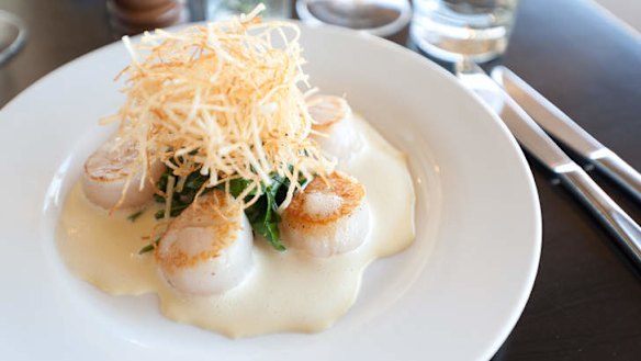 Seared scallops with spinach and shoe-string potatoes.