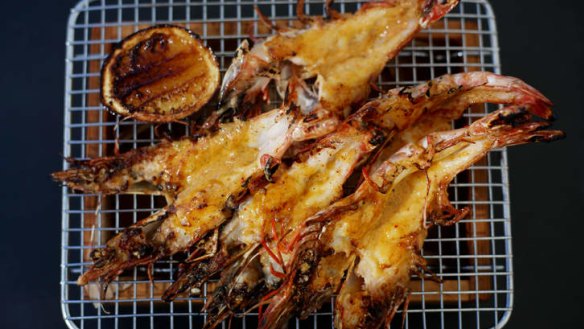 Gamberoni grilled split king prawns.