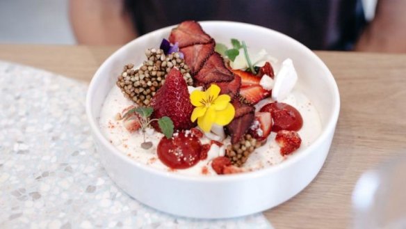 An artfully plated strawberry dish at Mammoth.