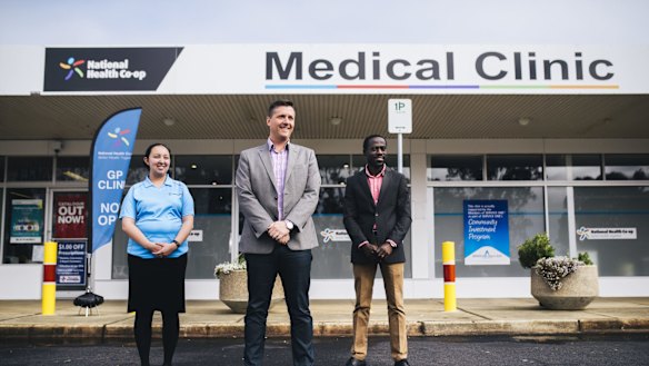 Nurse Kieth Ancheta, 
director Adrian Watts and medical director Joe Oguns outside the National Health Co-op medical clinic in Macquarie. 
