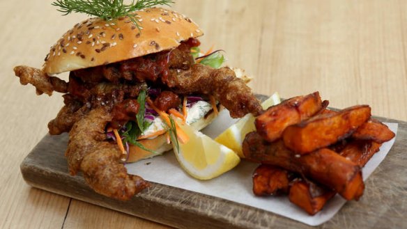 Soft-shell crab burger and sweet potato chips.