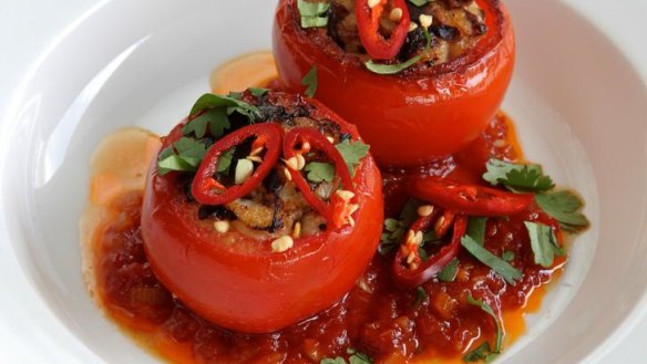 Vietnamese-style tomatoes stuffed with fish and mushrooms.
