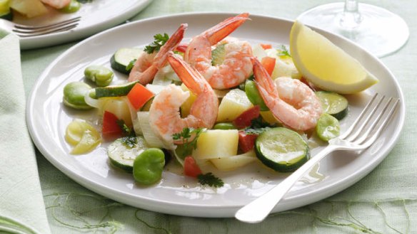 Warm spring salad with prawns and broad beans.