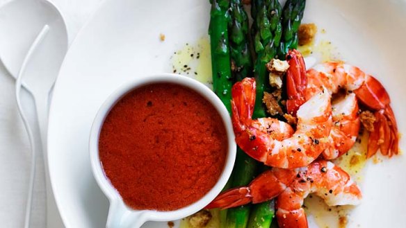 Perfect produce ... Prawns and asparagus with gazpacho.