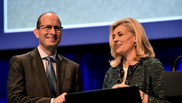 AMP's departing chief executive Craig Meller and chairman Catherine Brenner.