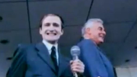 Screengrab of Norman Gunston (Garry McDonald) and Gough Whitlam after the Dismissal of Whitlam in 1975.