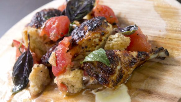 Barbecued buttermilk brined chicken with aioli and panzanella.