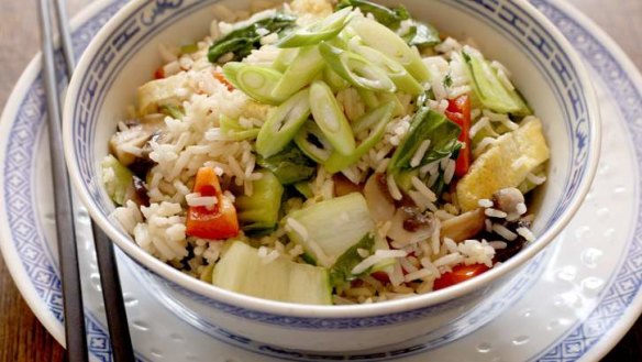 Quick, vegetarian bok choy and mushroom fried rice.