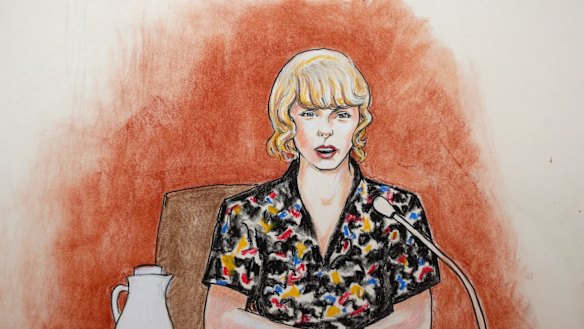 In this courtroom sketch, pop singer Taylor Swift testifies with clarity, strength and resistance.