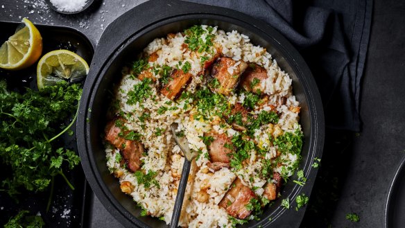 Crispy speck, prawn and lemon pilaf with herbs 