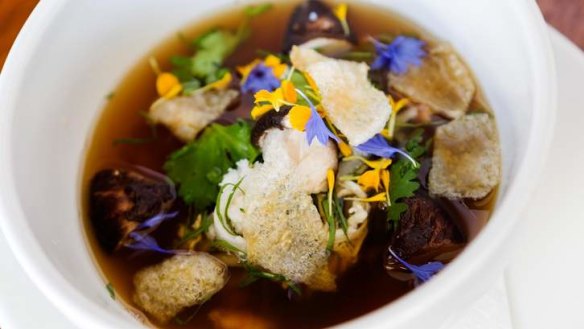 Coconut broth with chicken, crab, shiitake and crackling.