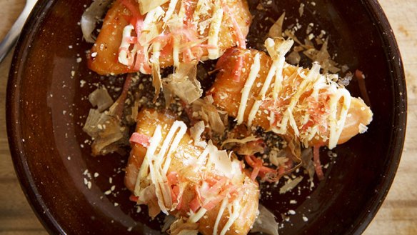 Baked ocean trout 'fingers' with sesame, ginger and Kewpie mayo.