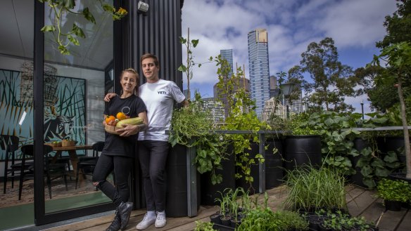 Chefs Matt Stone and Jo Barrett at the pop-up Greenhouse at Federation Square.