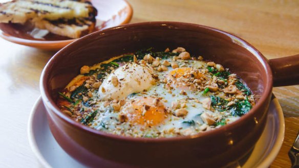 Turkish eggs with hazelnut dukkah and labna.