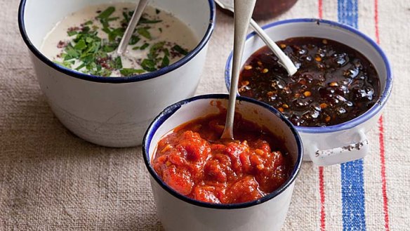 Bill Granger's spicy sweet chilli sauce, tahini and chilli relish.