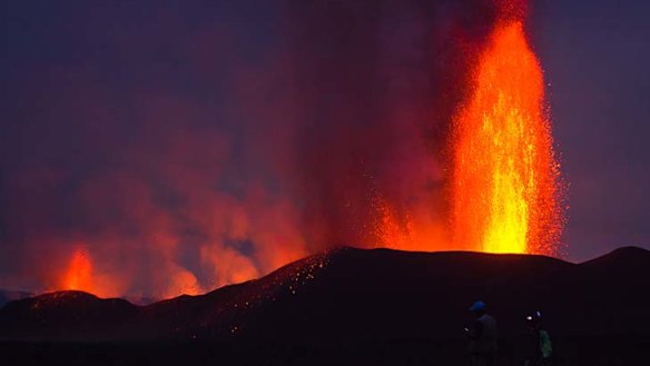 Massive eruption ... lava shoots into the sky at Mount Nyamulagira in eastern Congo.