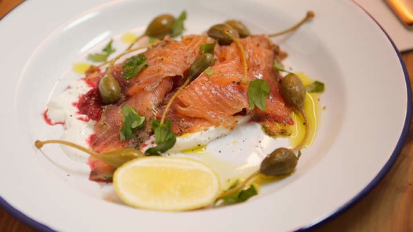 Salmon gravlax with creme fraiche and beetroot chutney.