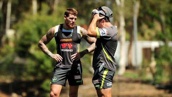 Raiders fullback Josh Dugan talks with coach David Furner at training earlier this month.