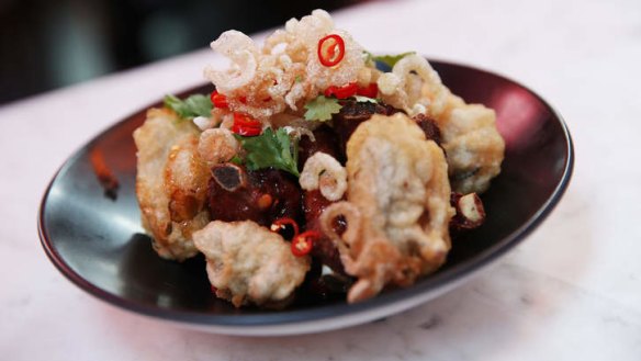 The pork scratchings, beer battered mussels and sticky pork served at Magic Mountain Saloon.