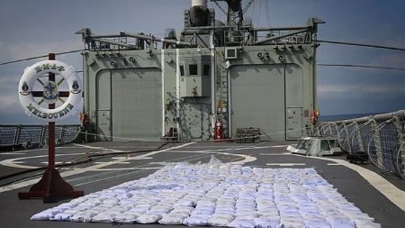 HMAS Melbourne seized 427 kilograms of heroin in the Indian Ocean in October 2015.