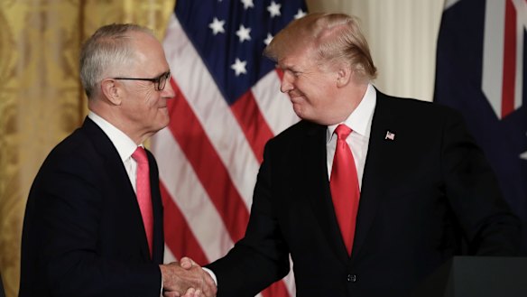 Prime Minister Malcolm Turnbull and United States of America President Donald Trump shake hands in February. 