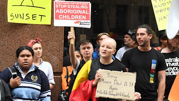 Protesters outside the Channel 7 television studios in Martin Place.
