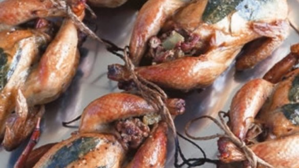 Barbecued poussins with chicken livers, capers & pancetta