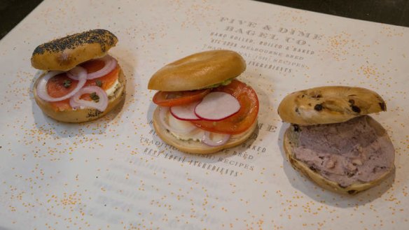 Assorted sweet and savoury bagels at 5 and Dime Bagels.