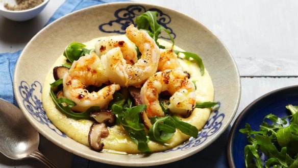 Prawns with blue cheese polenta and shiitake mushrooms.