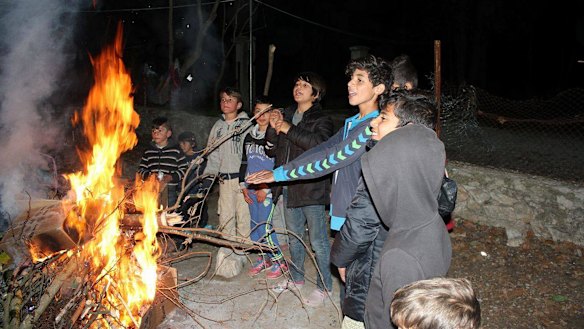 Child refugees at a camp in Serres, northern Greece.