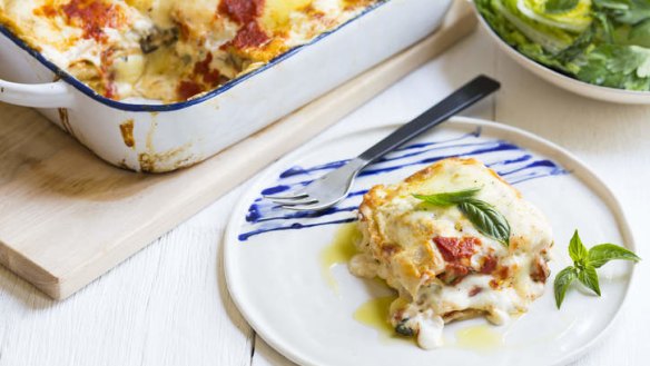 Four-cheese and summer vegetable lasagne.