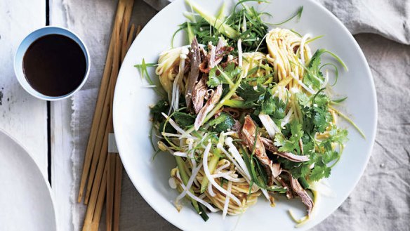 Neil Perry's egg noodle salad with barbecue duck and hoisin dressing.