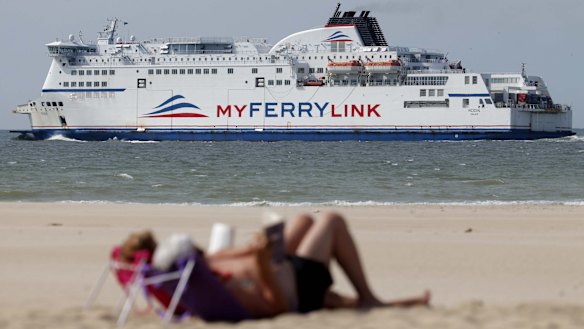 A MyFerryLink car and passenger ferry boat leaves the harbour in Calais, northern France, June 24, 2015. On Tuesday traffic was halted through the Channel Tunnel linking Britain and France after striking French ferry workers set fire to tyres, while Britain's Foreign Office warned of migrants trying to get into vehicles queuing to enter the tunnel. Around 400 workers blockaded the port of Calais to protest restructuring at its MyFerryLink division, the Syndicat Maritime Nord trade union said. Shipping was halted early in the day and both Eurotunnel and Eurostar later suspended their services because of the disruption.  
REUTERS/Christian Hartmann