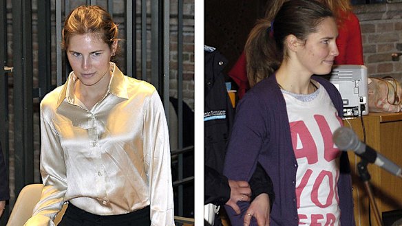 Strain showing... A confident  Amanda Knox fronts court in 2009 dressed in a Beatles 'All You Need is Love' t-shirt that caused a minor scandal, right, in contrast to a more demure appearance at her appeal in May 2011 appeal.